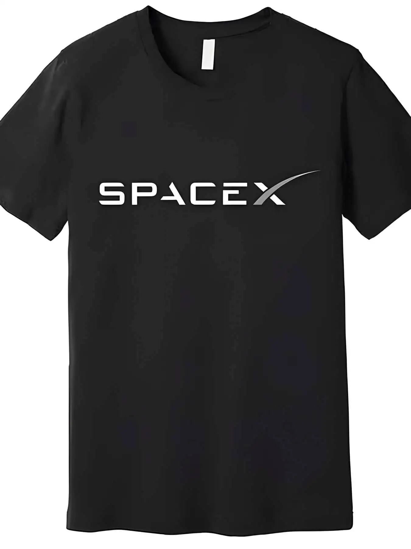 Spacex Black Short-Sleeved T-Shirt, White Lettering with Silver Accents and Curved Design, Casual Round-Neck T-Shirt, Perfect for Space Enthusiasts