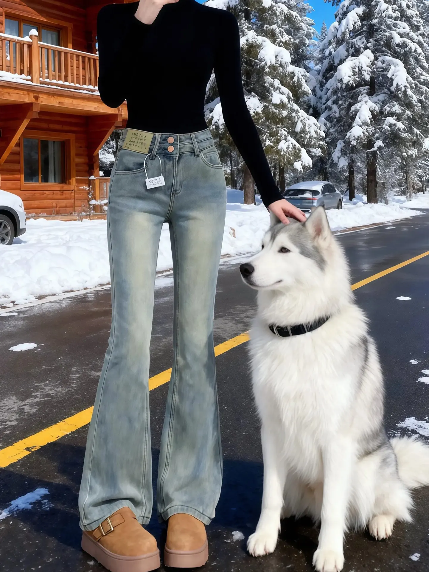 

Retro High Waist Thickened Fleece Women's Skinny Jeans Bell Bottoms Denim Pants Warm Slim Fit Autumn Winter New Arrival Small...