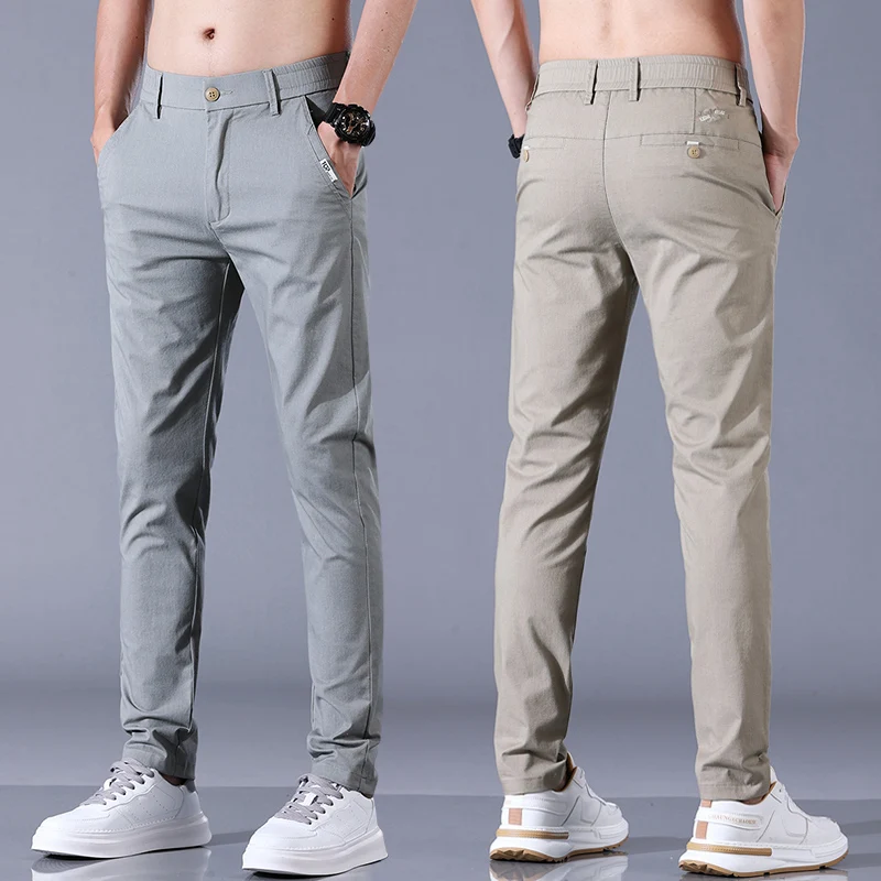 Spring Summer Pants Mens Stretch Breathable Casual Pants Slim Business Straight Trousers Fashion Gray Khaki Black Grey