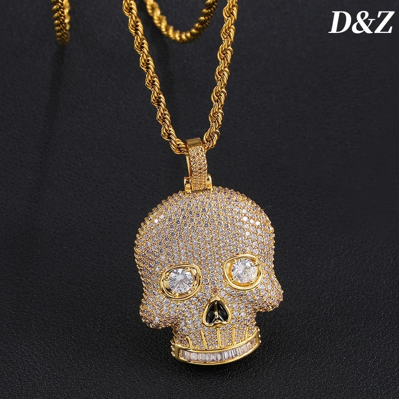 D & Z-Colar de pingente com cabeça de caveira para homens e mulheres, cobre banhado a ouro, hip pop bling, pedras cz completas, pingente rapper, presente jóias