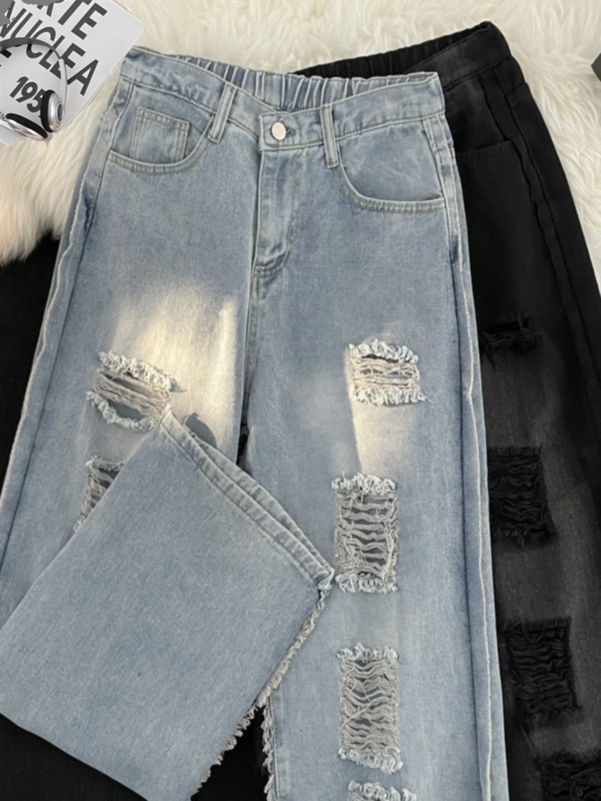 

Loose Wide Leg Jeans Men's High Street Style Hip Hop Hole Punching Casual Trousers Autumn Winter Fashion Brand Straight Cut