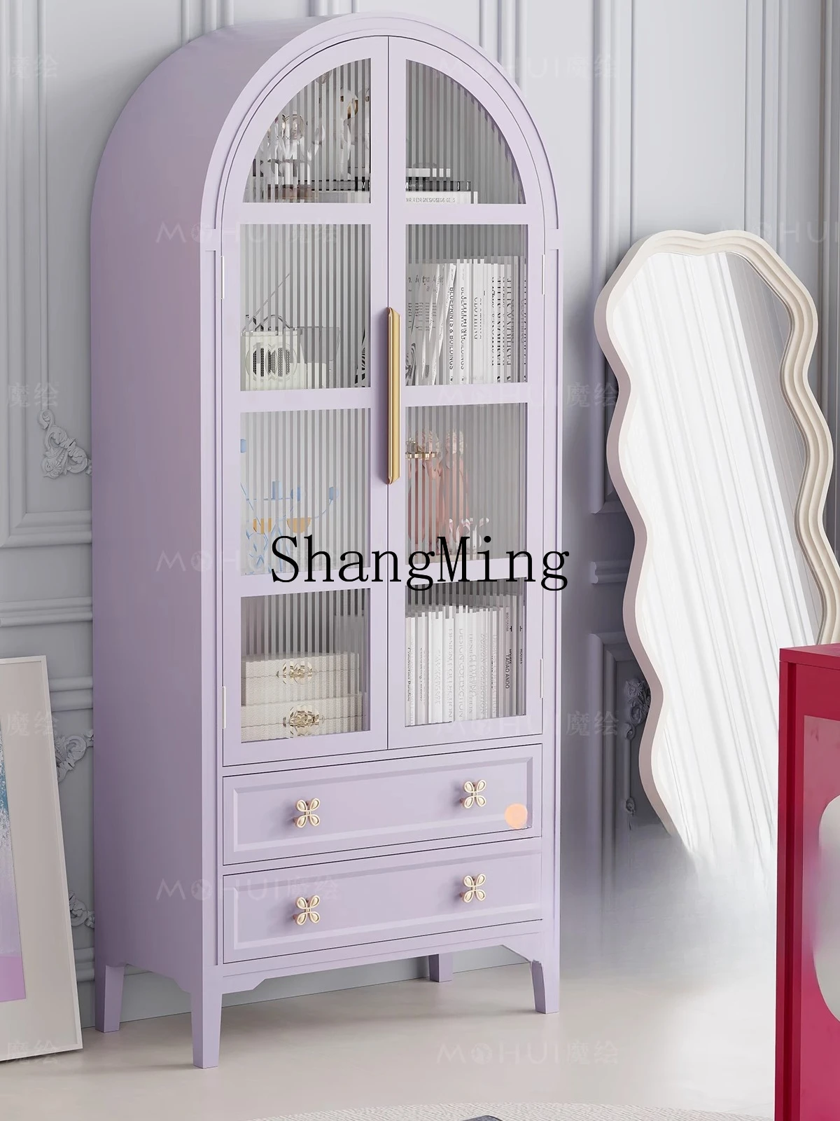 

CL Dopamine Bookcase Arched Taro Purple Against Wall Living Room Display Decoration Vintage Pink Display Cabinet