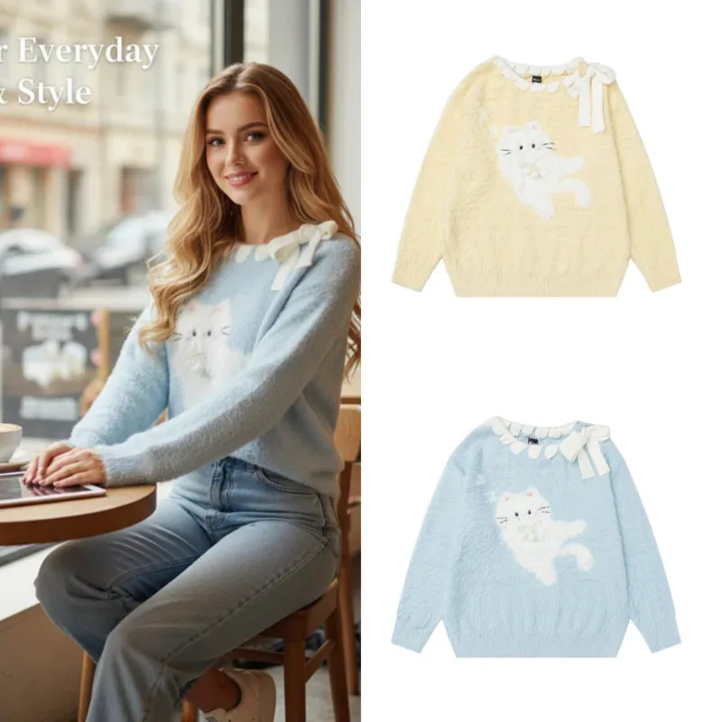 

Жаккардовый свитер с котом для девочек, повседневный Y2K, свободный вязаный теплый пуловер на флисовой подкладке, толстый уютный зимний свитер, поступление, свободный топ, новый