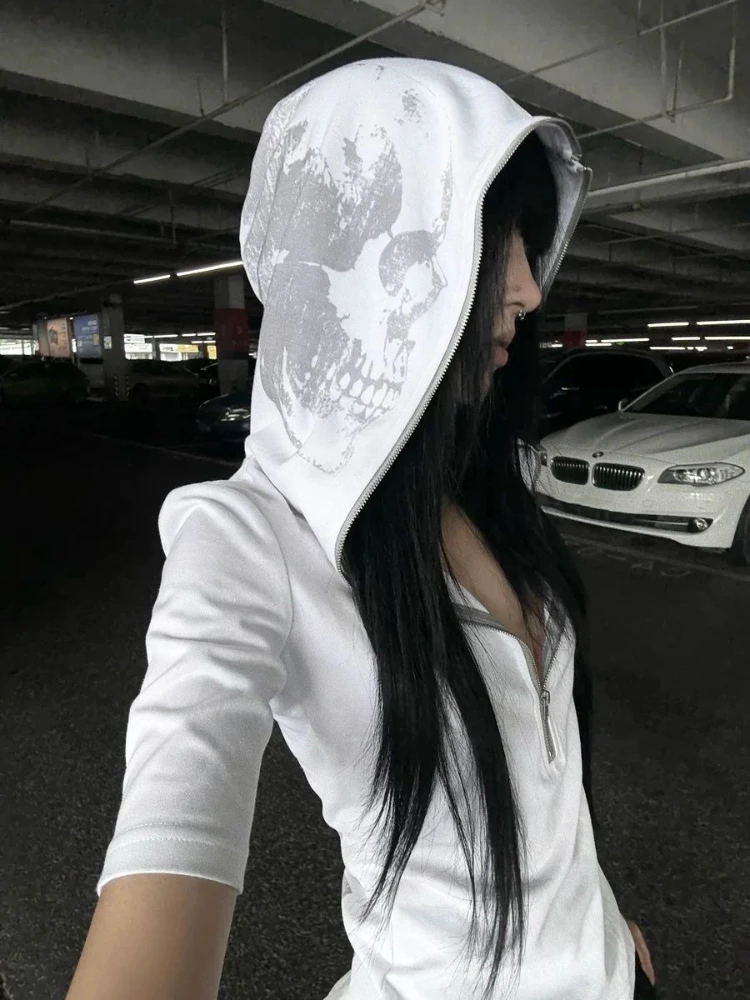 خمر الجمجمة طباعة سليم مقنعين القمم المرأة شيك تصميم تحسس Y2K الظلام نمط منتصف الأكمام الرياضة قصيرة الأكمام ملابس النساء البريدي