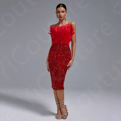 8 best sales röd fjädercocktailklänning - №4