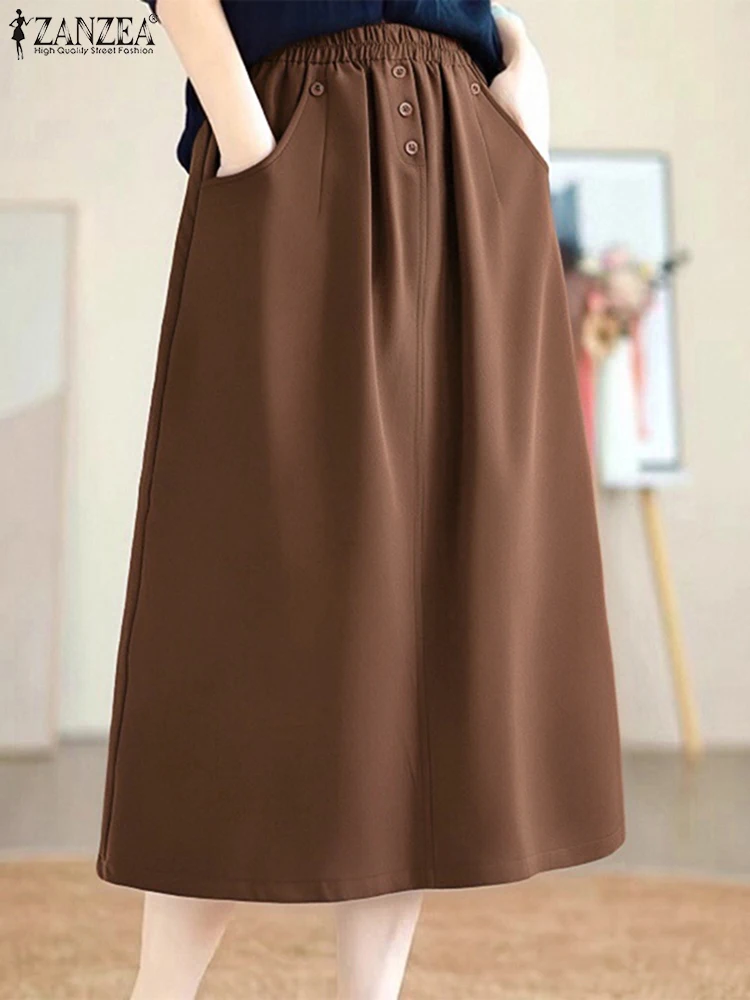 ZANZEA Moda Jesień Damskie Długie Spódnice Eleganckie Biurowe Faldas Saia Jupes Kieszenie Jednolite Casual Luźne Elastyczna Talia Midi Spódnice