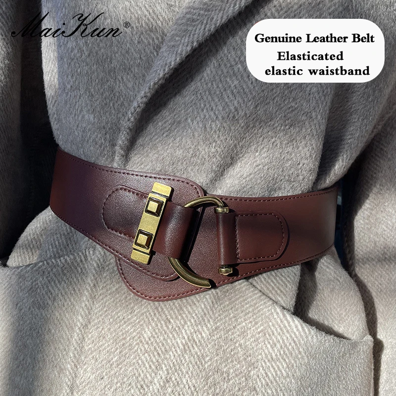 Maikun Genuine Leather Belt Women's Down Jackets Coat Dresses Vintage All-Match Coffee Colour Elastic Wide Waistband Accessories