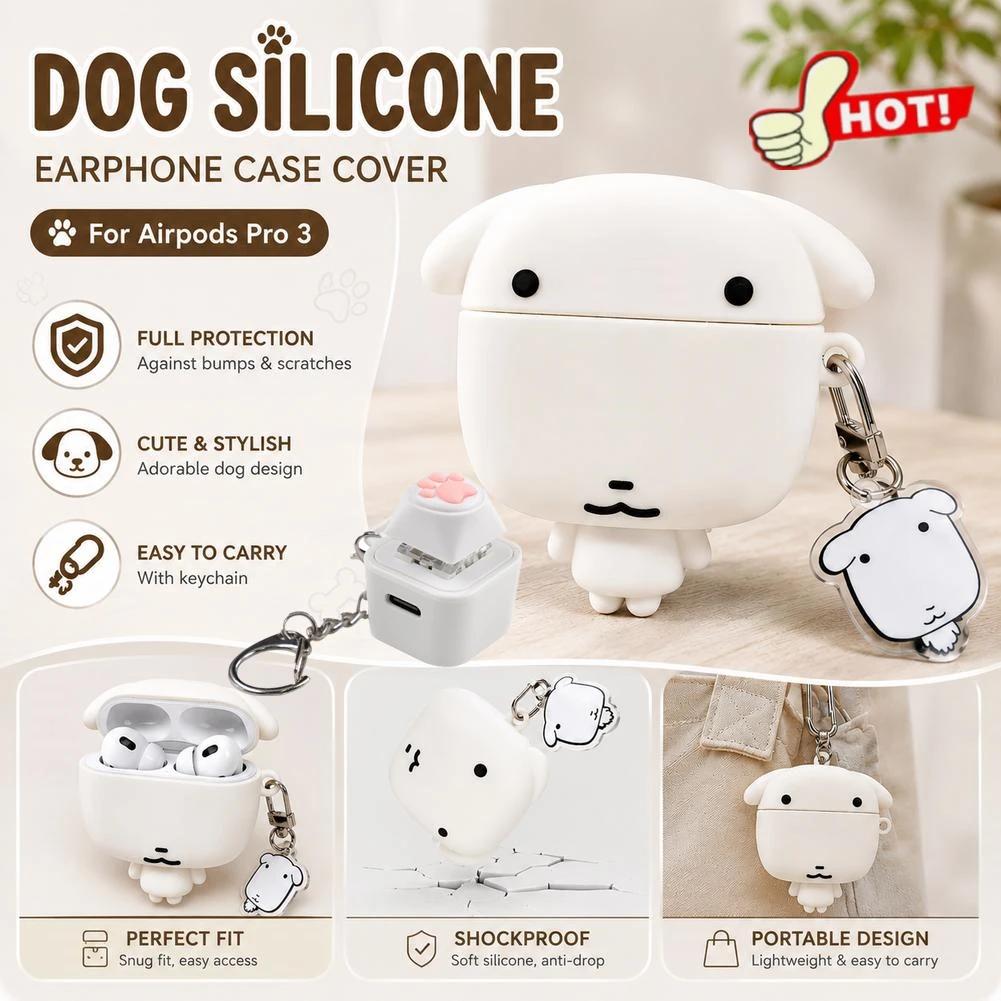 Étui de protection pour écouteurs Apple Airpods Pro 3 2 4 avec pendentif, motif chien blanc 3D