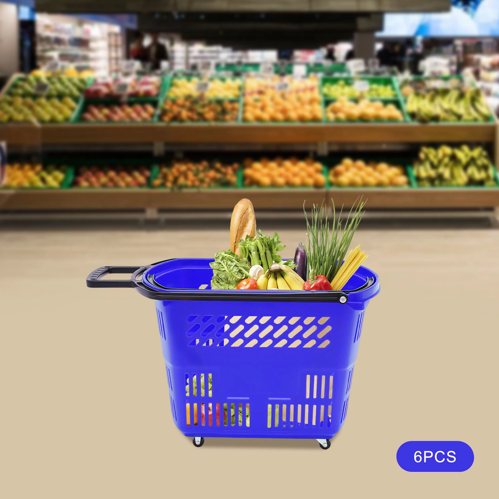 

6PCS Shopping Carts with Wheels and Handle, Blue Shopping Basket Plastic Rolling Shopping Basket 35L
