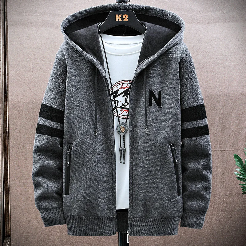 

Полосатый свитер, мужской осенне-зимний толстый теплый вязаный кардиган с капюшоном, модный повседневный мужской дышащий свитер на молнии высокого качества