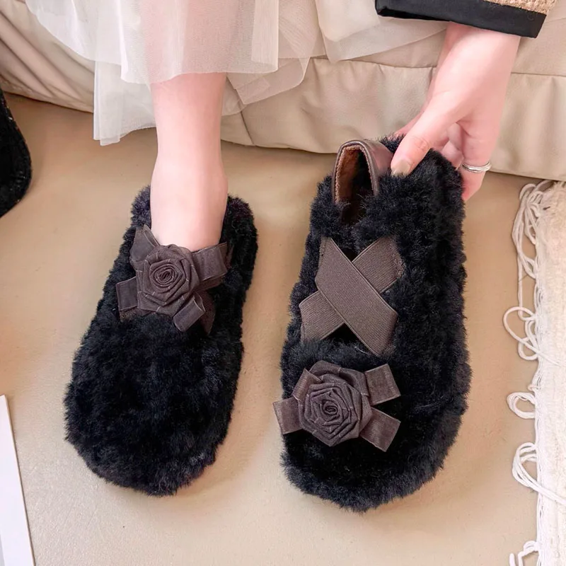 زهرة النساء الفراء أحذية الشقق أحذية خفيفة بدون كعب أحذية رياضية شتاء دافئ قصيرة أفخم الأحذية 2025 أحذية رياضية غير رسمية الراحة Zapatos