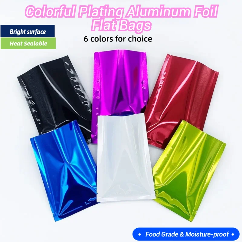 Top Open Colorful Aluminized Flat Pouches – Moisture-Proof, Food-Grade, Heat-Sealable Bags for Liquid, Cosmetics & DIY Packaging