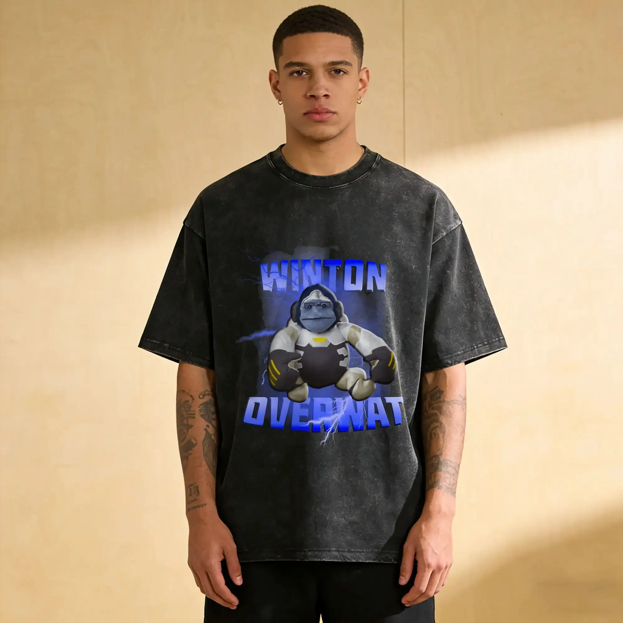 Winton meme Winston Overwatchs Men's T Shirt Washed  Fun Tee Shirt Short Sleeve Crewneck T-Shirt 100% Cotton Summer Clothes