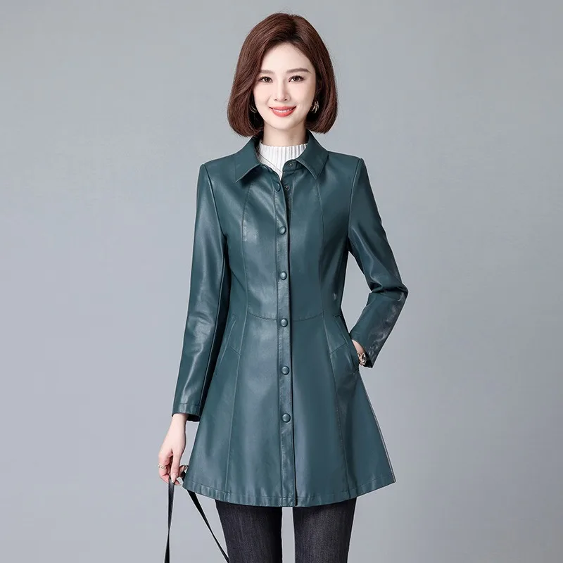 新しい女性のコート秋冬ファッションターンダウンカラーシングルブレストスリムトップミディアムロングスタイルサイドポケットレザージャケット