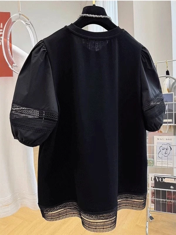 Wysokiej klasy japoński T-shirt z czystej bawełny, koronkowy patchwork, bufiaste rękawy, duży rozmiar, do pracy, okrągły dekolt.