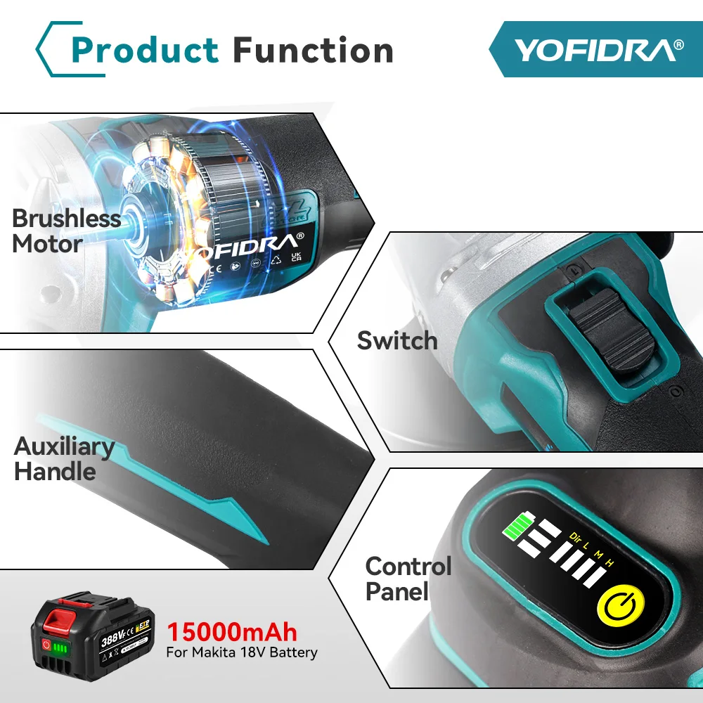 YOFIDRA 125mm Brushless Electric Angle Grinder 4 Gears Metal Wood Grinding Polishing Cutting Tool For Makita 18V-21V Battery Pin