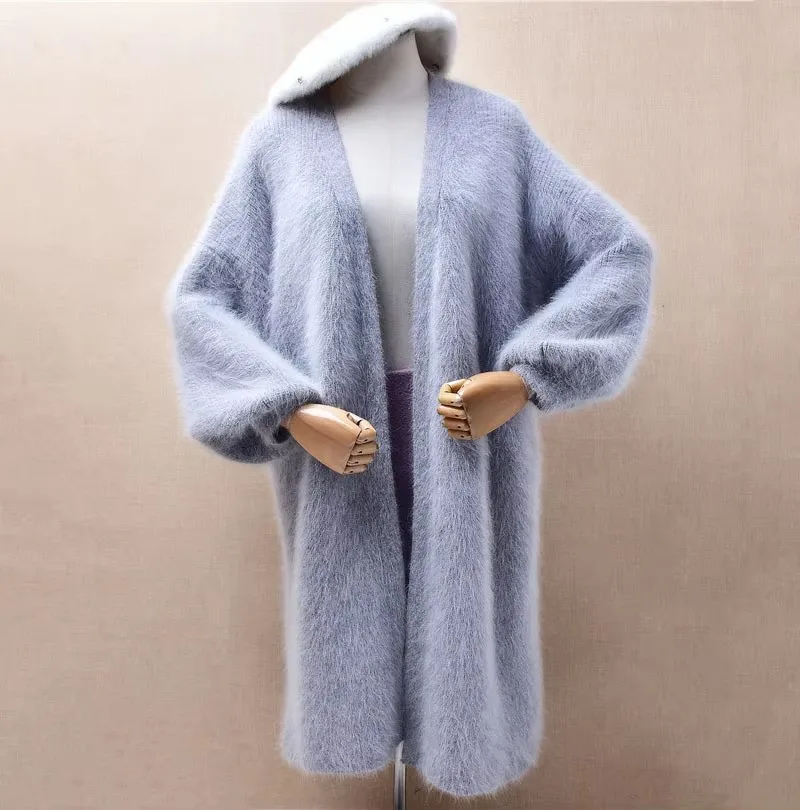 

Women Mujer Autumn Winter Thick Warm Fashion Grey Mink Cashmere Knitted Long Lantern Sleeves Loose Long Sweater Cardigans Mantle