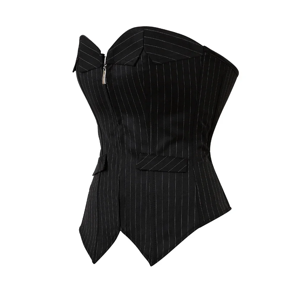 Sexy Black Striped Overbust Corset Office Lady Corselet Sexy Women Zip Corset Bustier Strapless Tops Outfit Plus Size 3XL-6XL