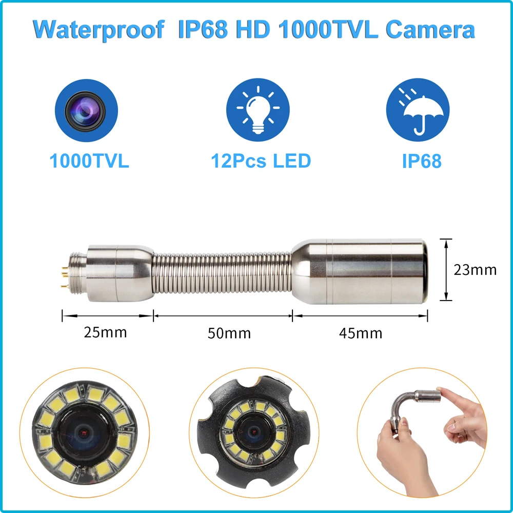 Imagem -04 - Industrial Snake Drain Endoscope System Sewer Pipe Inspection Câmera Lcd 1000tvl 23 Milímetros Lens 20 m 30 m 40 m 50m