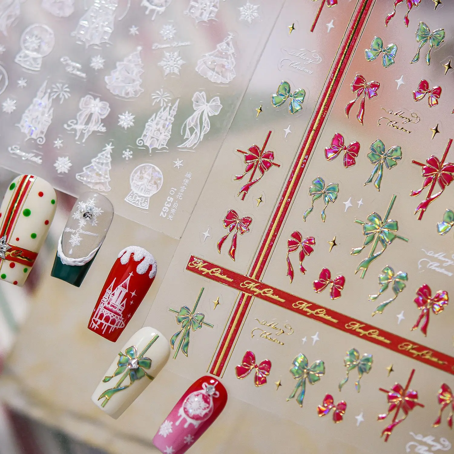 3D Merry Christmas Red Green Gift Bowknot Snowflake Castle High Quality Adhesive Nail Art Stickers Nail Art Decoration T-5354