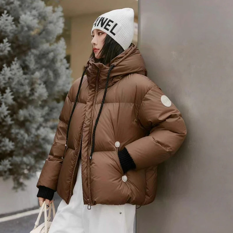 

Winter Solid Short Hooded Fluffy Down Jacket Women White Duck Down Zipper Parker Outwears Female Thicken Warm Waterproof Jackets