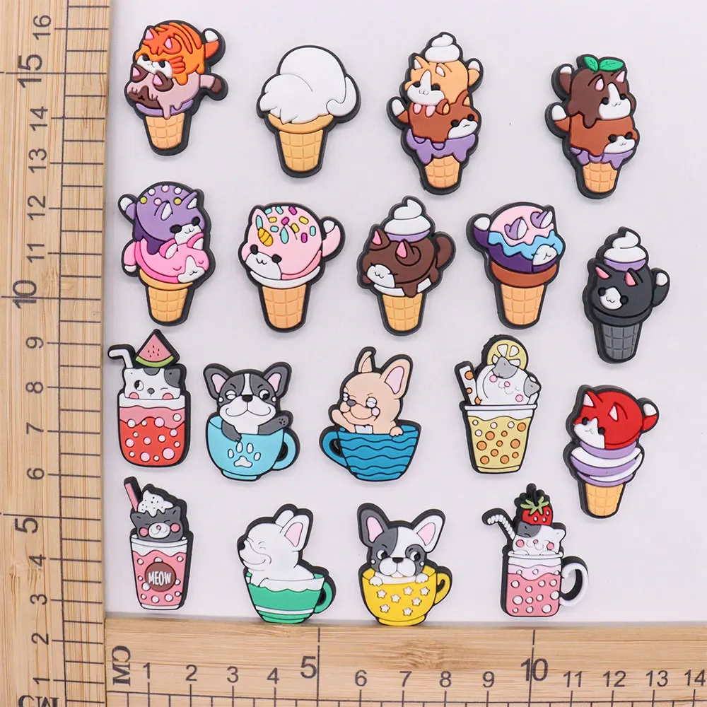 Mix 50pcs PVC Kawaii Cartoon Drinks Ice Cream Dog Strawberry Watermelon Lemon Shoe Charms Accessories Decorations Kid Party Gift