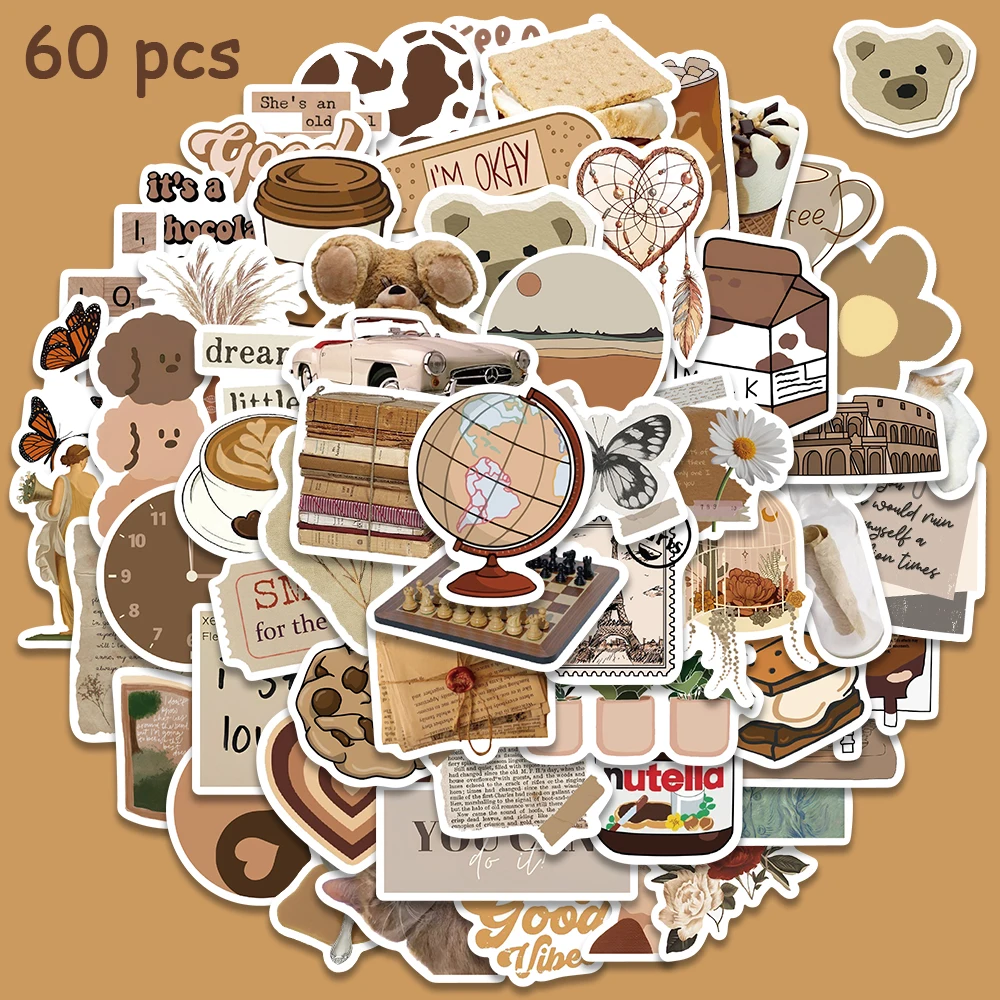 60pcs Bohemian Brown articolo adesivi decalcomanie estetiche per Laptop chitarra bagagli Scrapbook frigo cancelleria adesivi giocattolo per bambini