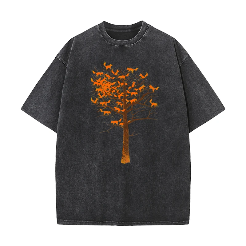 Tree Of Fox vintage T Shirt Graphic Short Sleeve Funky Crew Neck Pure Cotton Tops Tees Washed Tee-Shirt Gift Idea Mother Day