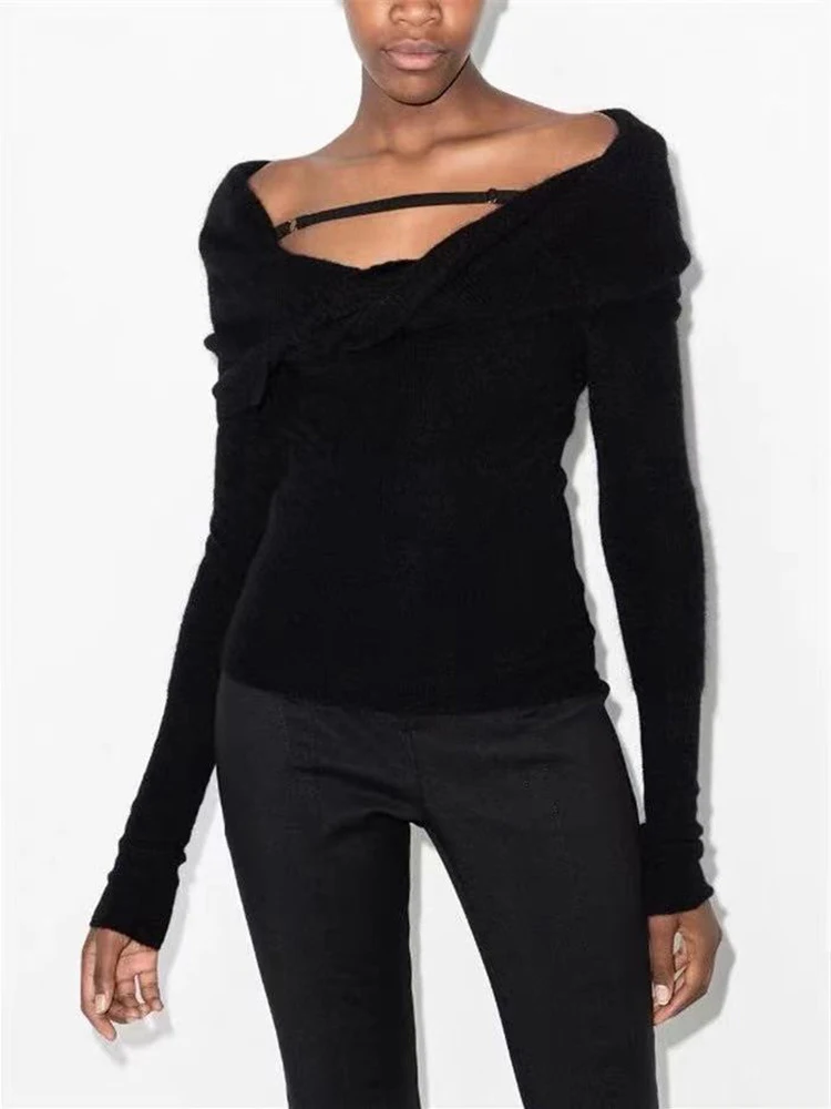 CHICEVER Solid Knitting Sweaters For Women Slash Neck Long Sleeve Minimalist Slimming Crisscross Folds Pullover Sweater Female