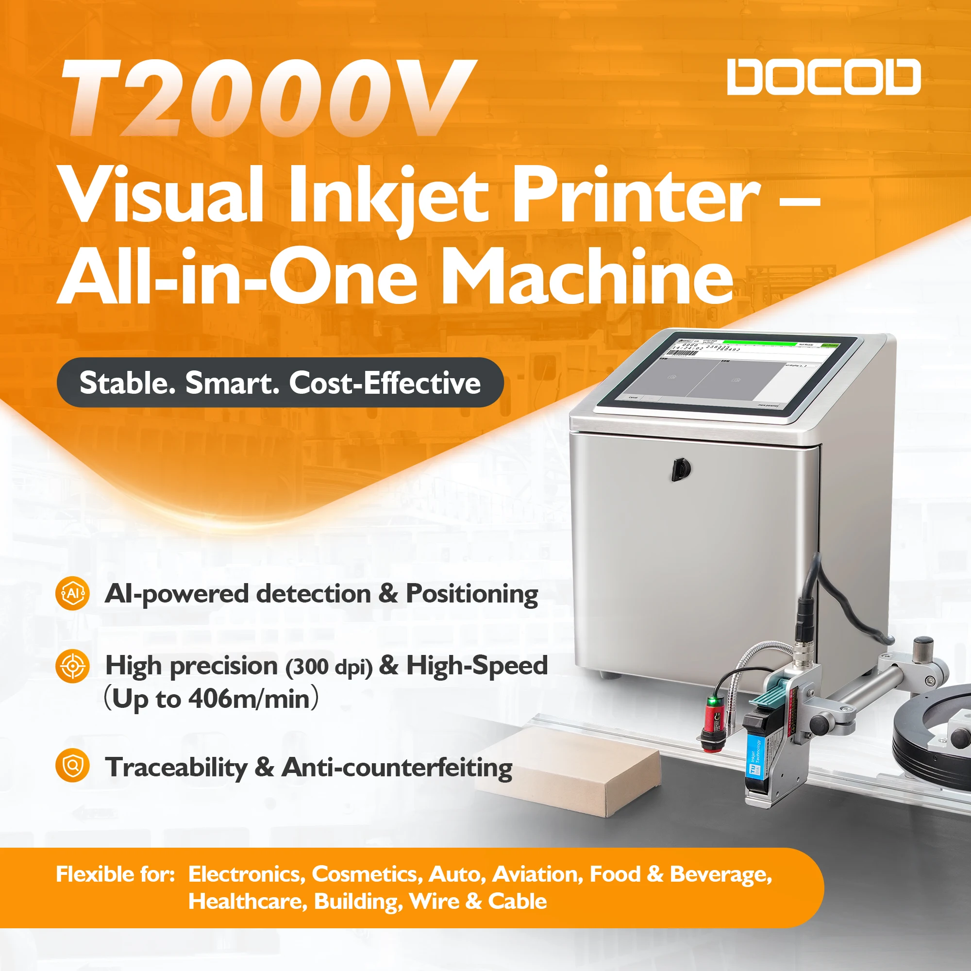 DOCOD Date Coding Machine T2000V Visual Inkjet Barcode Printing Printer for Food Packaging Production Line Alarm Light Control