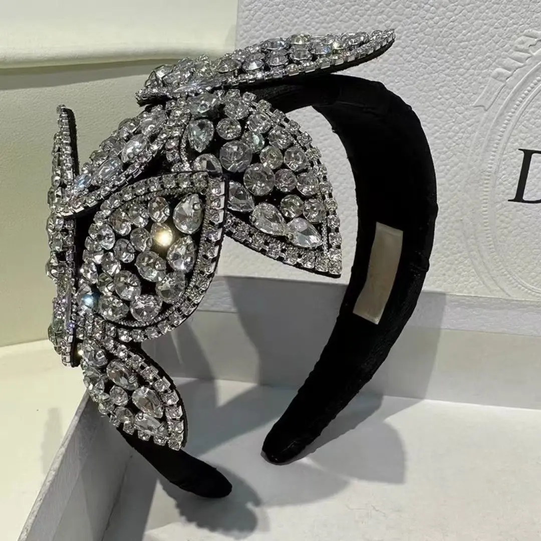 Coreano barroco cheio de diamante arco faixa de cabelo flores de cristal headbands largo hairband high-end estilo ocidental retro corrente de diamante