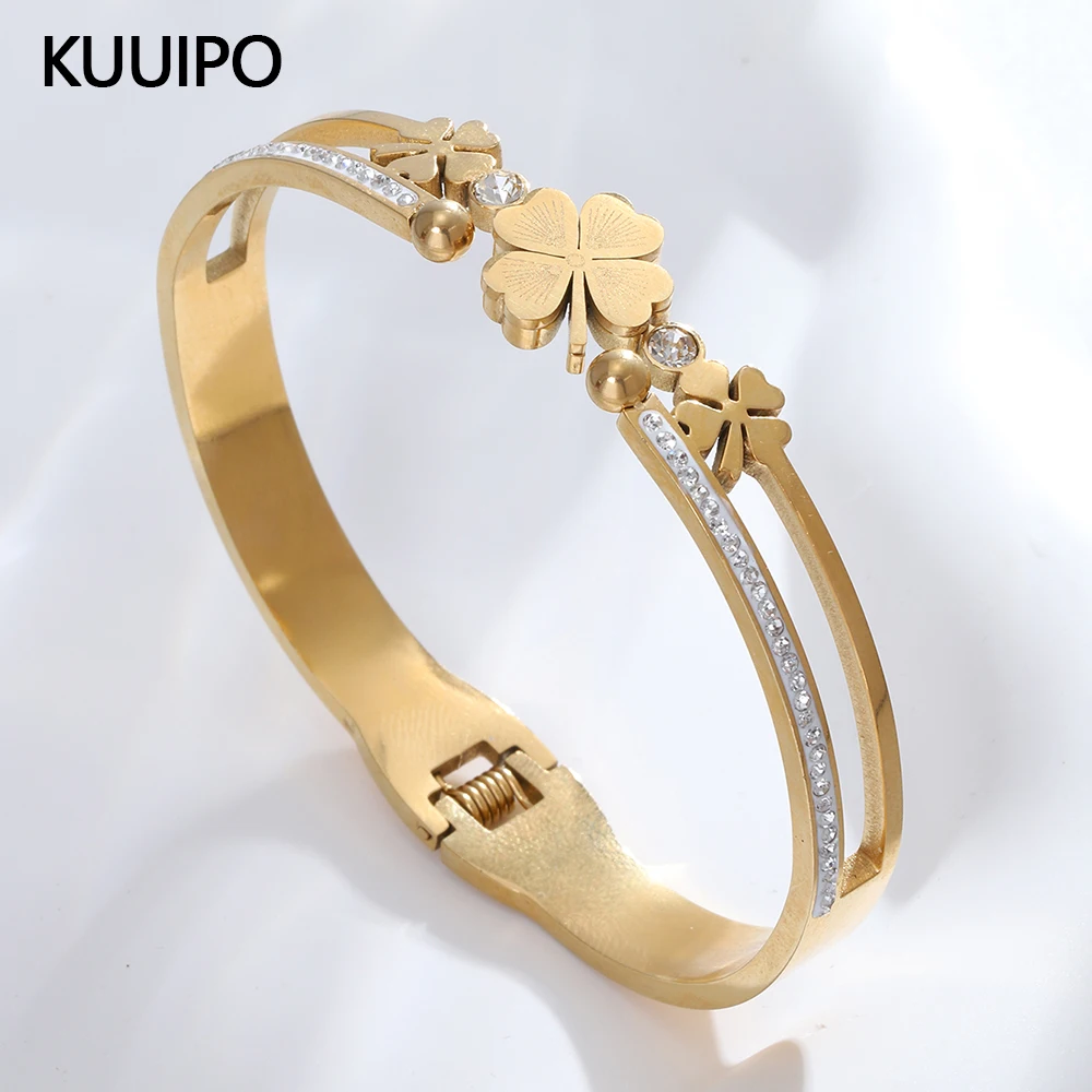 Fashion Rhinestone Flower Stainless Steel Bangle Bracelet for Women Accessories Woman Gold Color Bangles Party Jewelry Gift