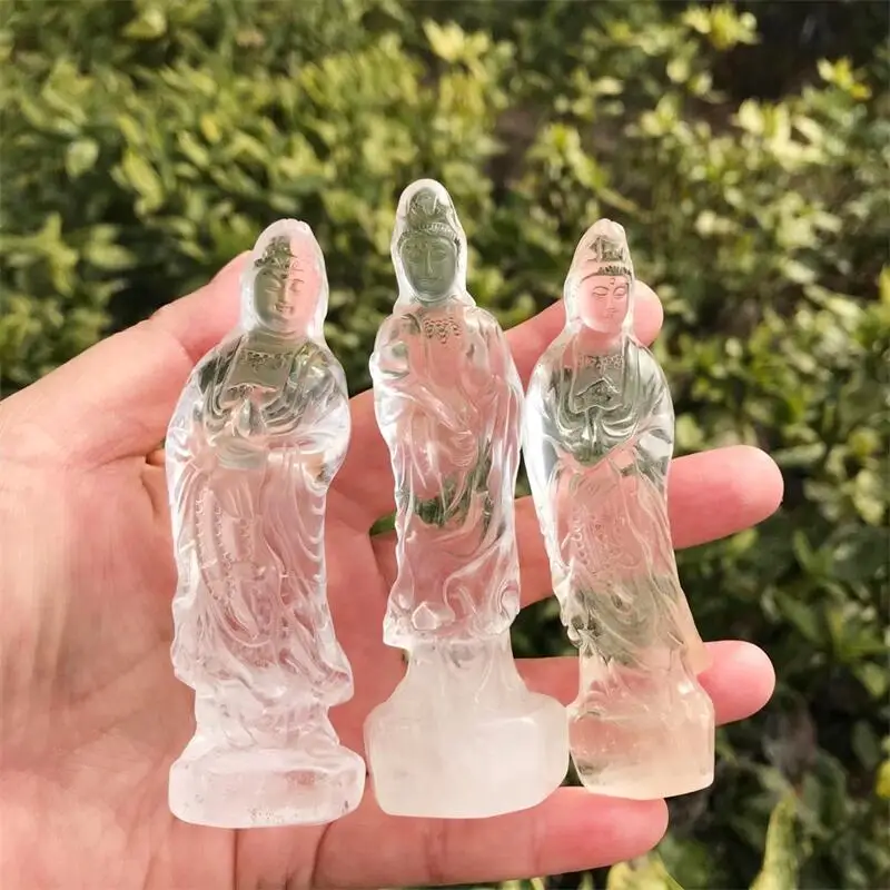 3pcs Natural Clear Quartz Kwan-yin Crystal Carving Feng Shui Home Decoration Buddhism Healing Holiday Gift