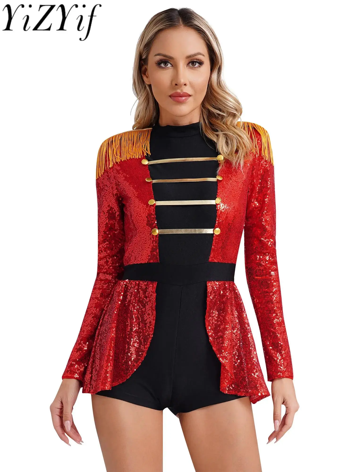 

Women Circus Ringmaster Showman Cosplay Performance Costume Long Sleeve Sequin Tassel Bodysuit Halloween Carnival Party Jumpsuit