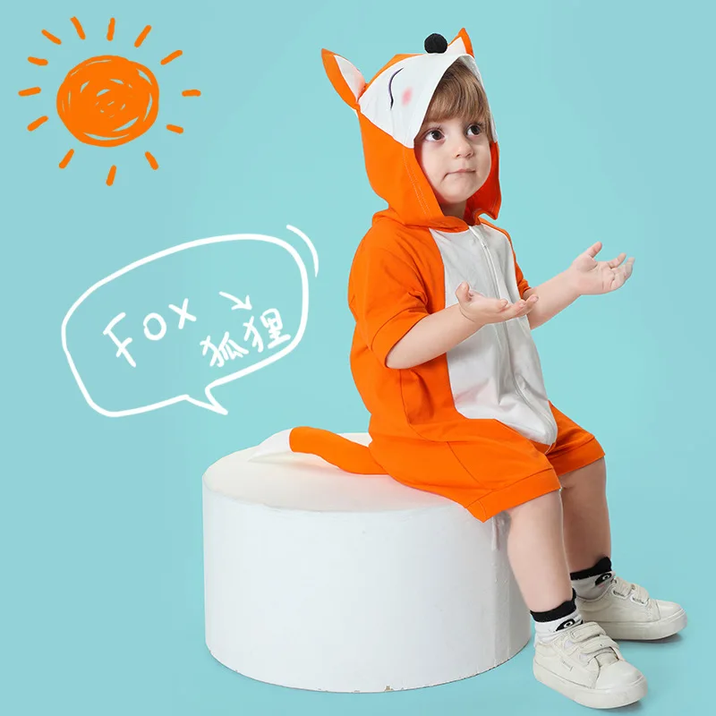 Summer Cute Fox Infant Baby Clothes Boy Girls Romper Short Sleeve Bodysuit Zipper Hooded Baby Onesie Newborn Jumpsuits Ropa Bebe