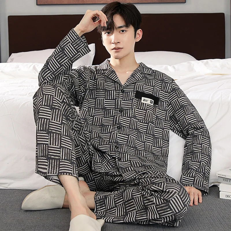 2 Piece Set Men's Cotton Home Clothes Autumn Spring Male Nightwear Cardigan Pijamas Plus Size 3XL Loungewear Freeship