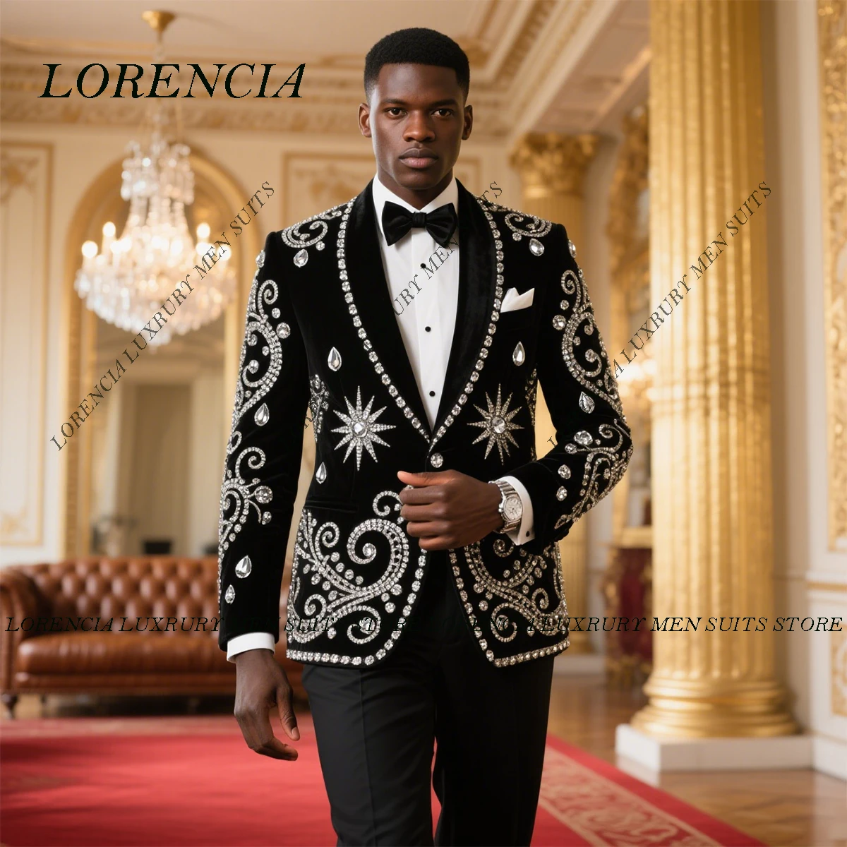 

Элегантные бархатные свадебные костюмы по индивидуальному заказу для мужчин, комплекты из 2 предметов, смокинги для жениха, приталенные элитные вечерние костюмы с кристаллами из бисера, Ropa Hombre