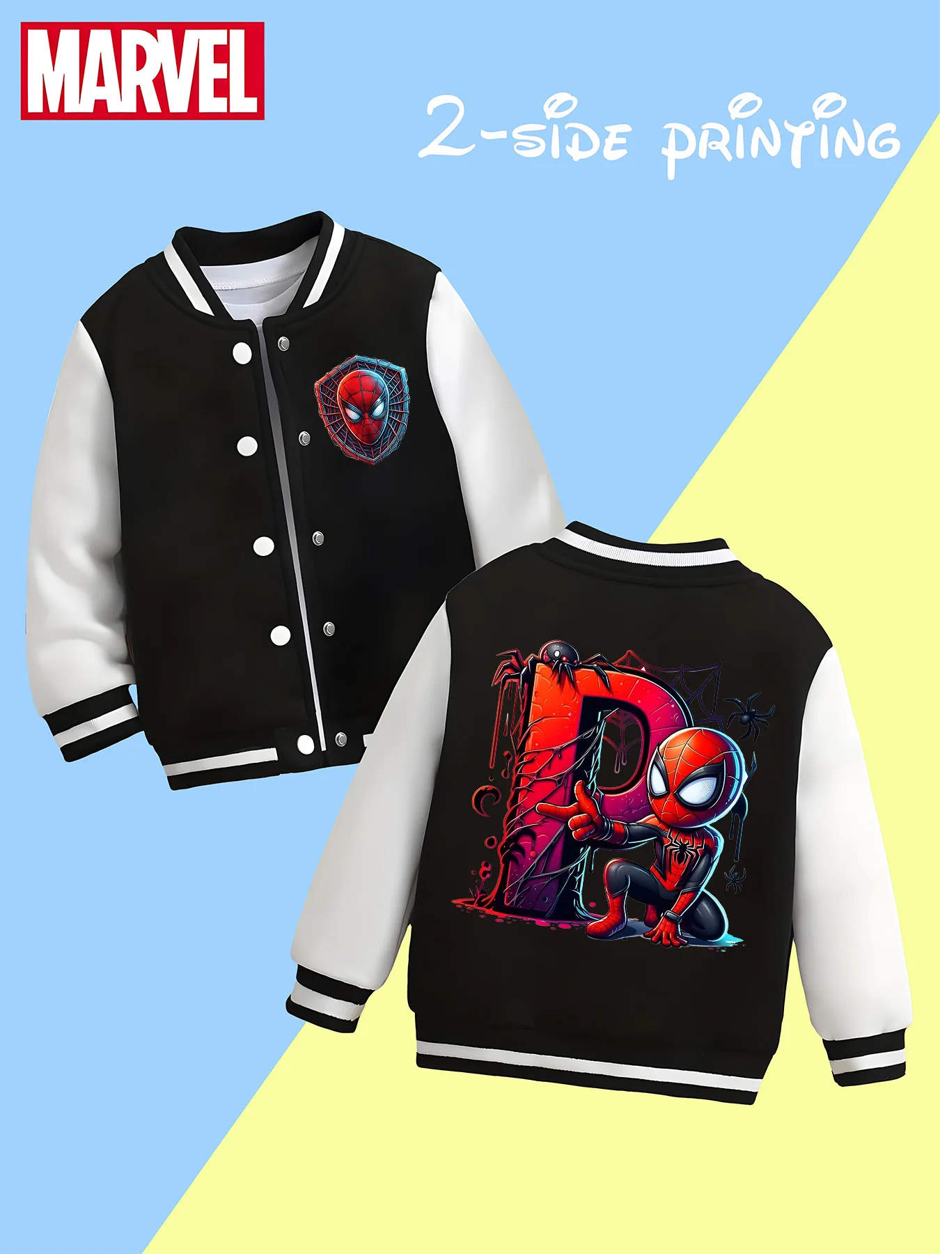 

MINISO Marvel Letter Series Children's Baseball Jacket - Double-sided Spider-Man print, soft fabric, fashionable and childlike