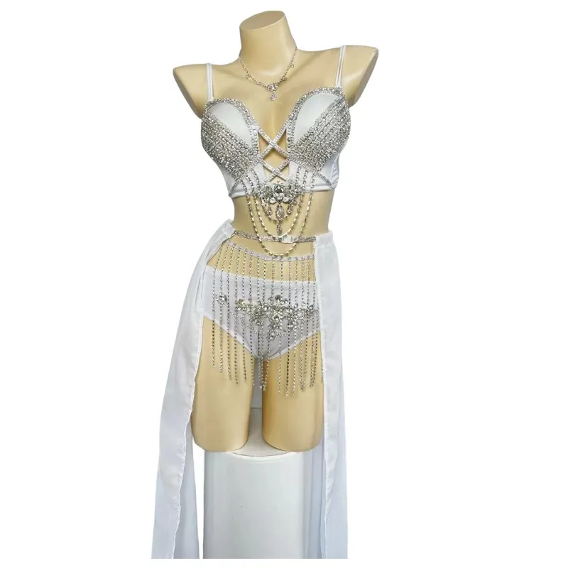 

Sparkly Rhinestones Fringe Bikini White Tailing Rave Outfit for Women DJ Singer Dancer Stage Costume Party Nightclub Clothing