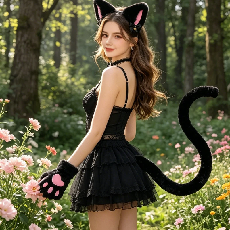 Plush Black Cat Accessory Kit Cat Ears Headband Paw Gloves Adjustable Tail For Womens Halloween Cosplay Party Photo Props