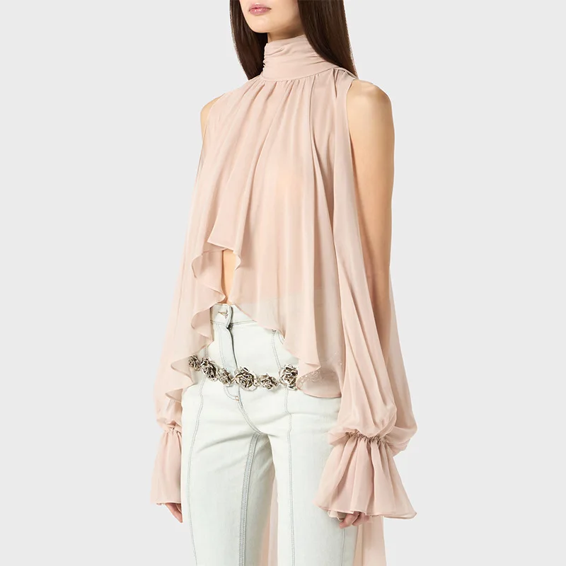 

Женская блузка с высоким воротником и спущенными рукавами, с декоративными складками, однотонная, элегантная, шикарная, женская одежда