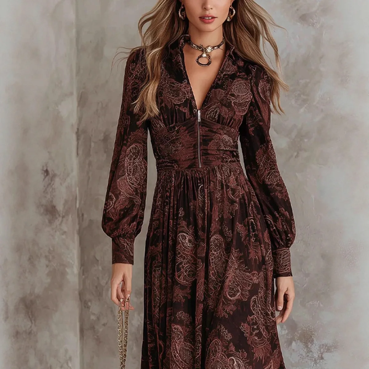 

2025 New Arrival Women's Euro-American Style Dress - Winter Long Dress with Digital Print Pleated V-Neck Zipper High Waist