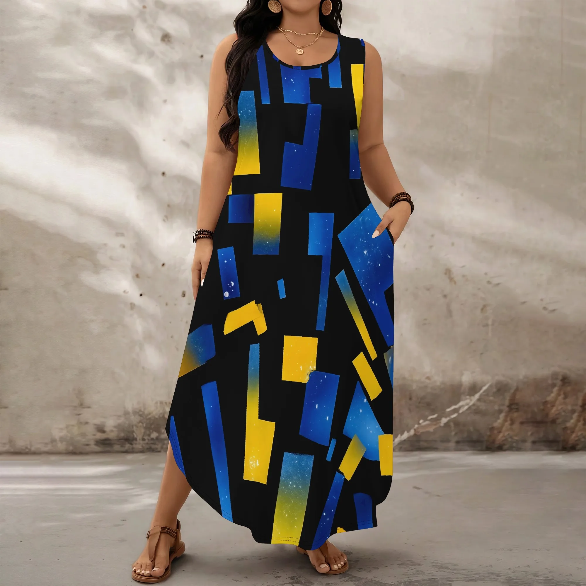 

Women's Summer Maxi Dress Abstract Geometric Print Sleeveless Loose Fit Casual Pockets XL-6XL