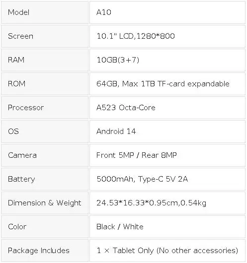 Tablet 10.1 Inch Android 14 Tablet PC, 10GB(3+7) RAM 64GB ROM Octa‑Core Processor, 1280*800 LCD Display, 5000mAh Battery, Only Tablet, For Daily Entertainment Reading Browsing
