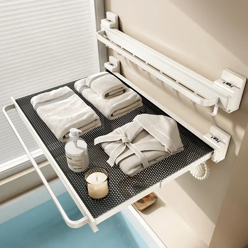 Space Aluminum Towel Rack  Foldable Suction Cup Towel Holder  Adjustable Bathroom Storage Shelf  Rust-Free Hidden Storage Rack