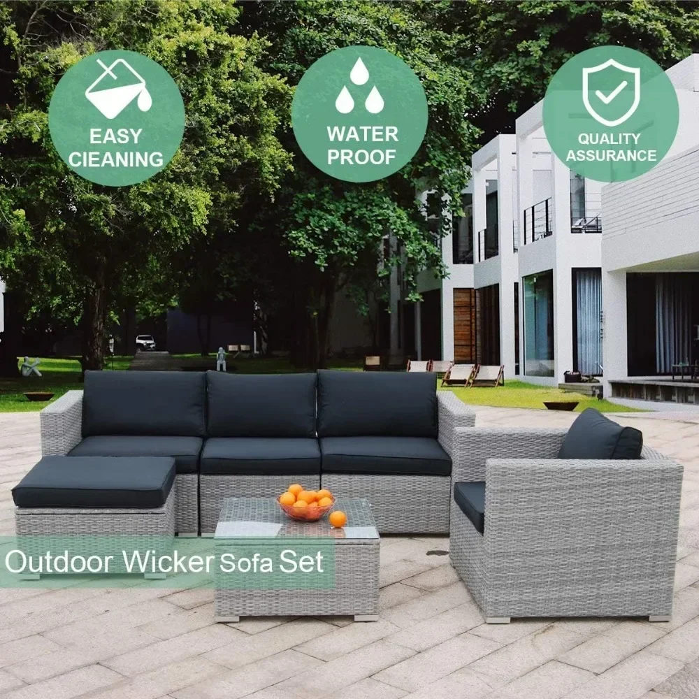 6 Stuks Patio Meubelset Pe Grijs Rotan Rieten Sectionele Buiten Sofa Set Buiten Bank Met Zwart Wasbare Zitkussens