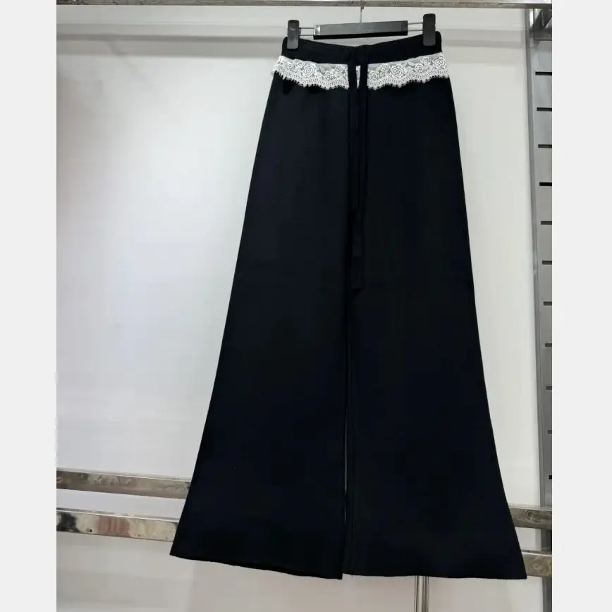 새로운 가을 니트 넓은 다리 바지 여성 캐주얼 레이스 패치 워크 탄성 허리 Drawstring 운동복 우아한 바지 의류