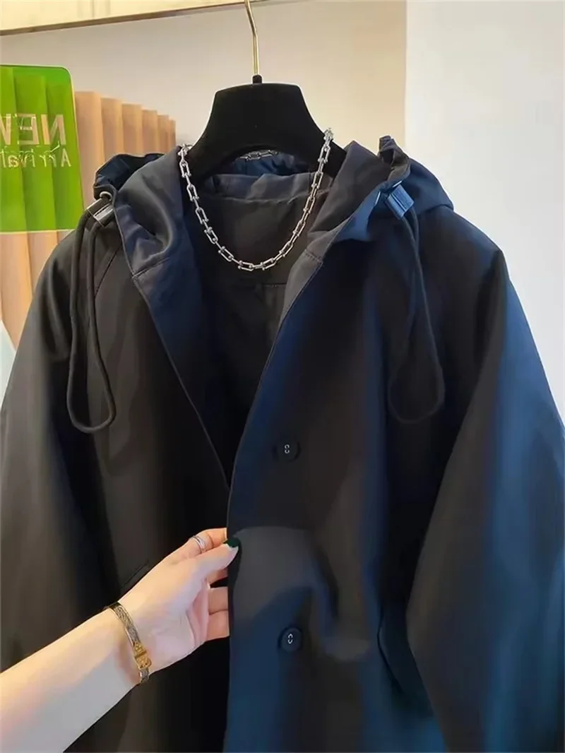 Spring Autumn Vintage Long Trench Coat Casual Windbreak Jacket Women Hood Drawstring Jacket Oversized Windbreaker JJ131