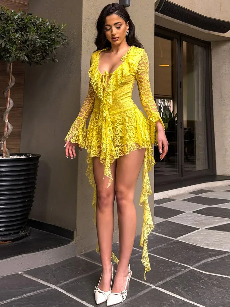 

Lace Lotus Leaf Streamers Long Sleeves With Safety Pants Dress Women Spring Summer Sexy Hollow Lace Dress Elegant Party Dresses