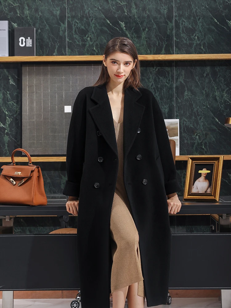 

2023 new autumn and winter thickened double-sided cashmere coat Women's medium and long high-end wool black wool coat